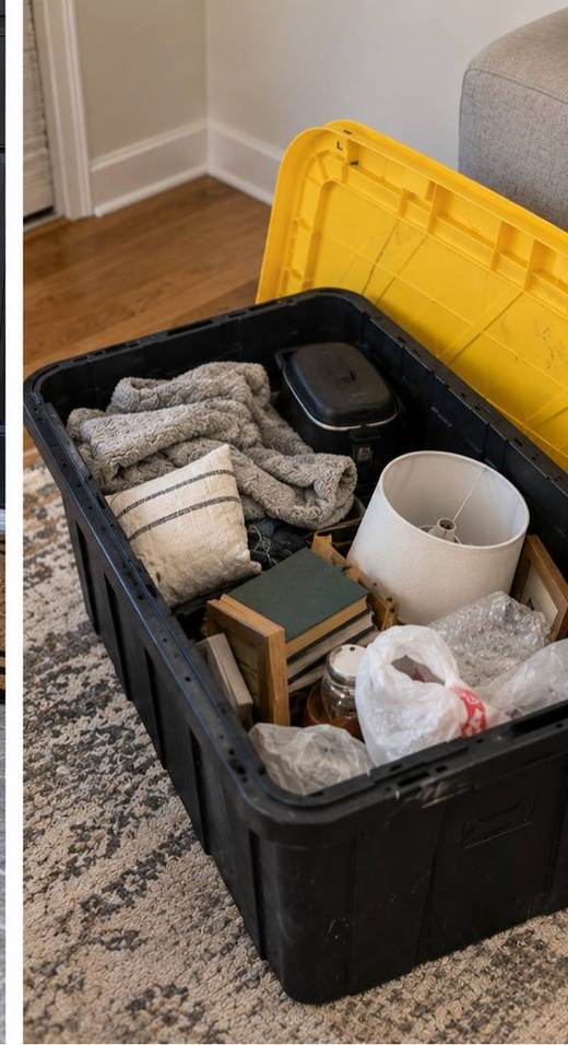 Open moving bin packed with household items, books, and a lamp